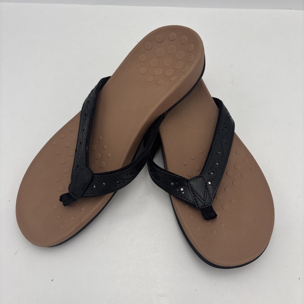 Vionic Womens 8 Aliza Thong Sandals Orthotic Black Tan Comfort Flip Flops